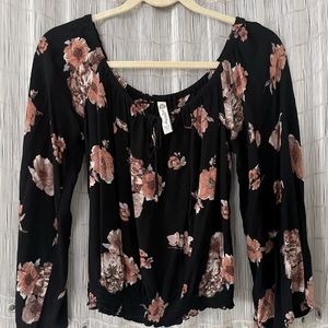 Floral, cold shoulder, velvet, long sleeve, blouse